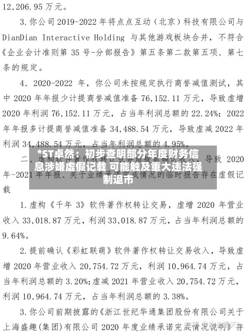 *ST卓然:初步查明部分年度财务信息涉嫌虚假记载 可能触及重大违法强制退市